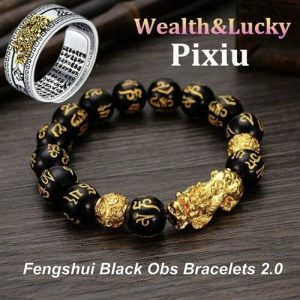 GELANG BLACK OBSIDIAN PIXIU IMPOR + RING OF LUCK | Gelang Fengshui